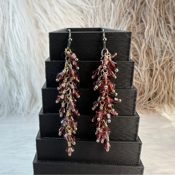 Bohemian chic burgundy, mini beaded cha-cha long pierced earrings